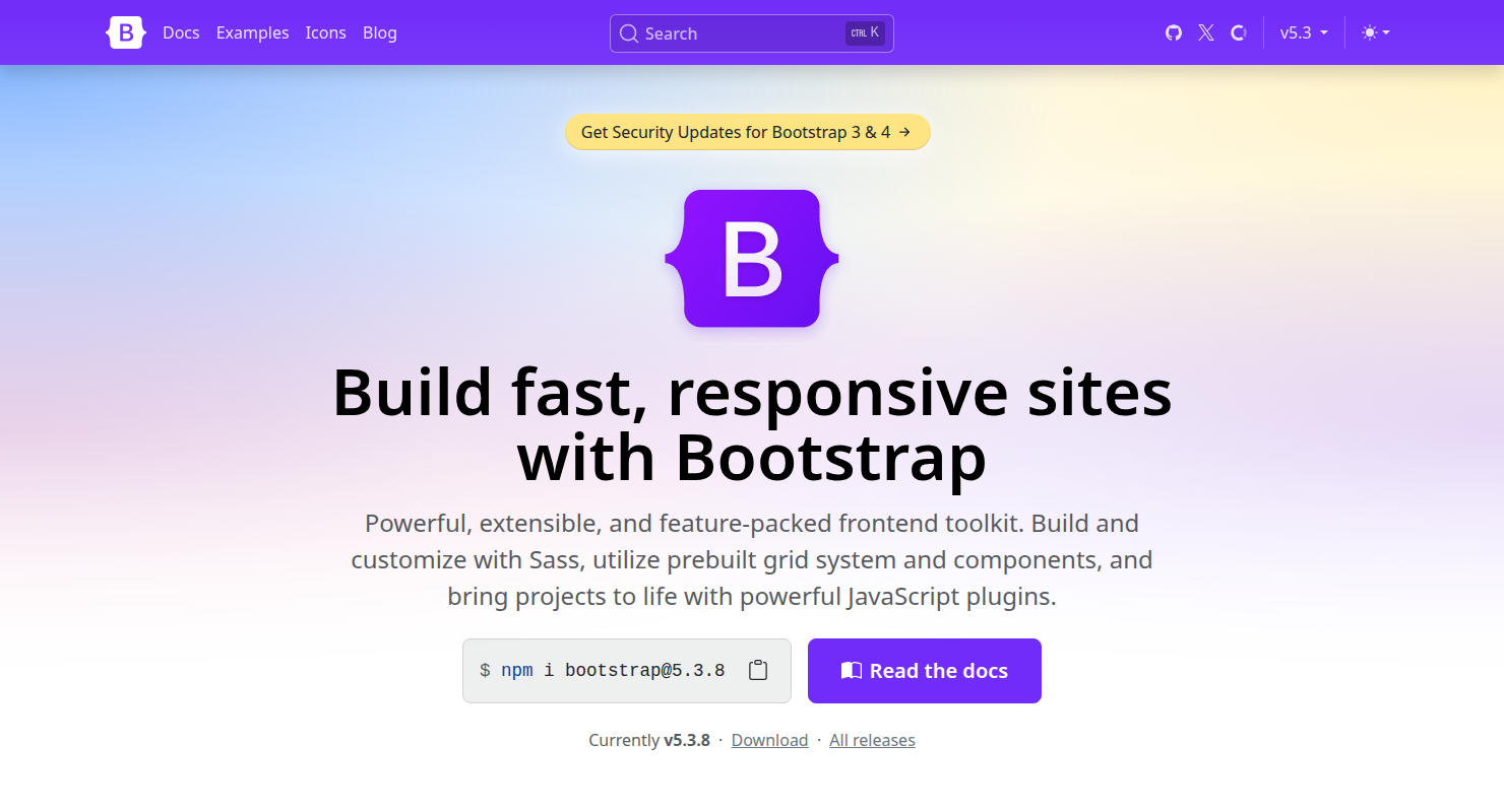 The official Bootstrap website, a prime example of high-traffic static documentation hosted on GitHub Pages. Screenshot of the Bootstrap CSS framework homepage showing the main documentation and feature explanation.