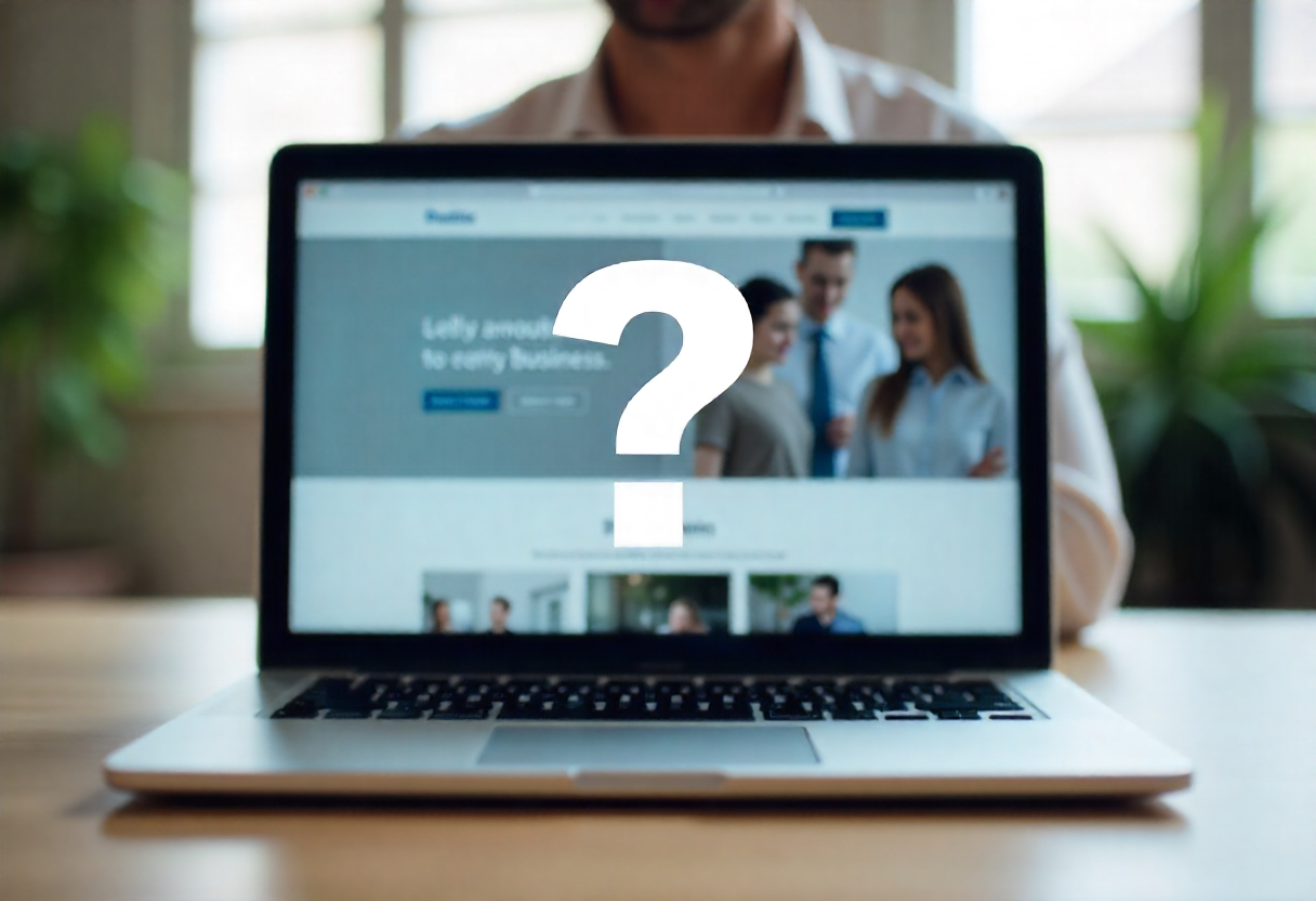 Laptop with blurred website and question mark