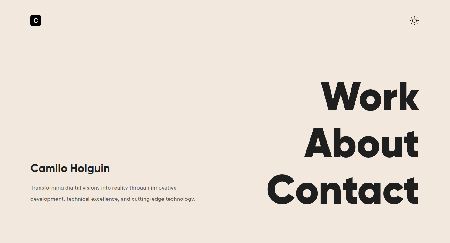 The clean, minimalist, one-page static portfolio of front-end developer Camilo Holguin. Screenshot of Camilo Holguin's static resume site, showing his name, tagline, and large navigation links for 'Work, About, and Contact.'