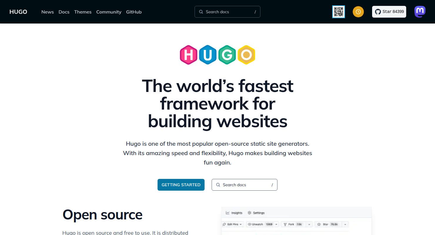 The official Hugo static website, featuring the headline \\"The world's fastest framework for building websites.\\" Screenshot of the Hugo Static Site Generator homepage, showing the framework logo and core value proposition on a clean white background.