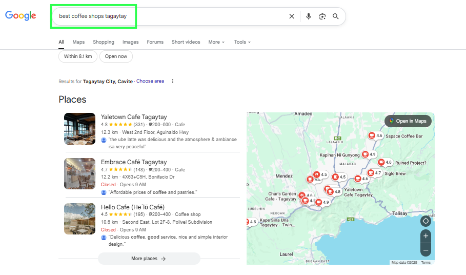 Local coffee shop in Tagaytay appearing in Google search results for best coffee shops Tagaytay