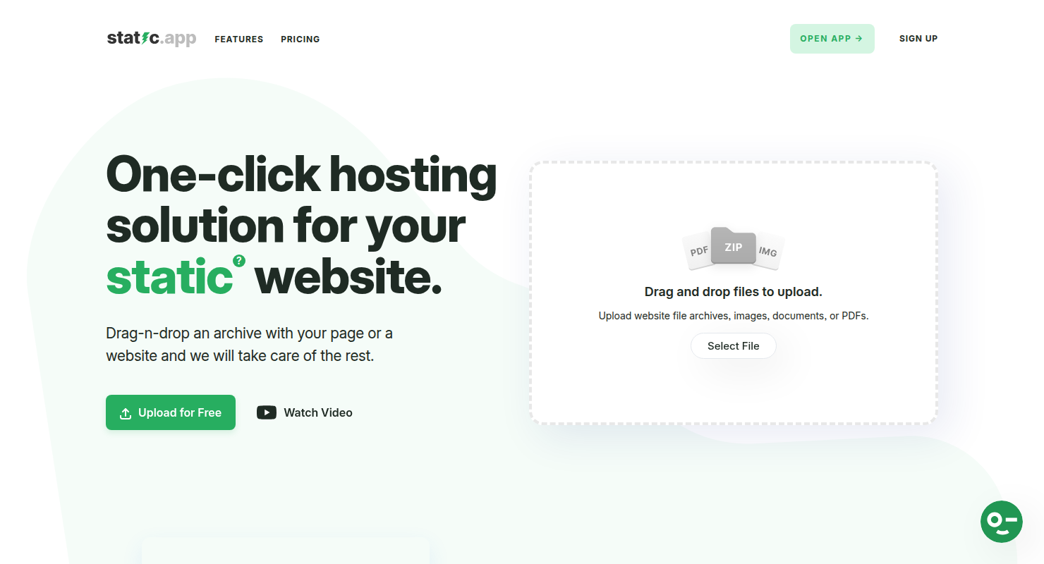 The Static.app landing page, highlighting its "One-click hosting solution for your static website." Screenshot of the Static.app homepage, featuring the headline "One-click hosting solution for your static website" and a file upload interface.