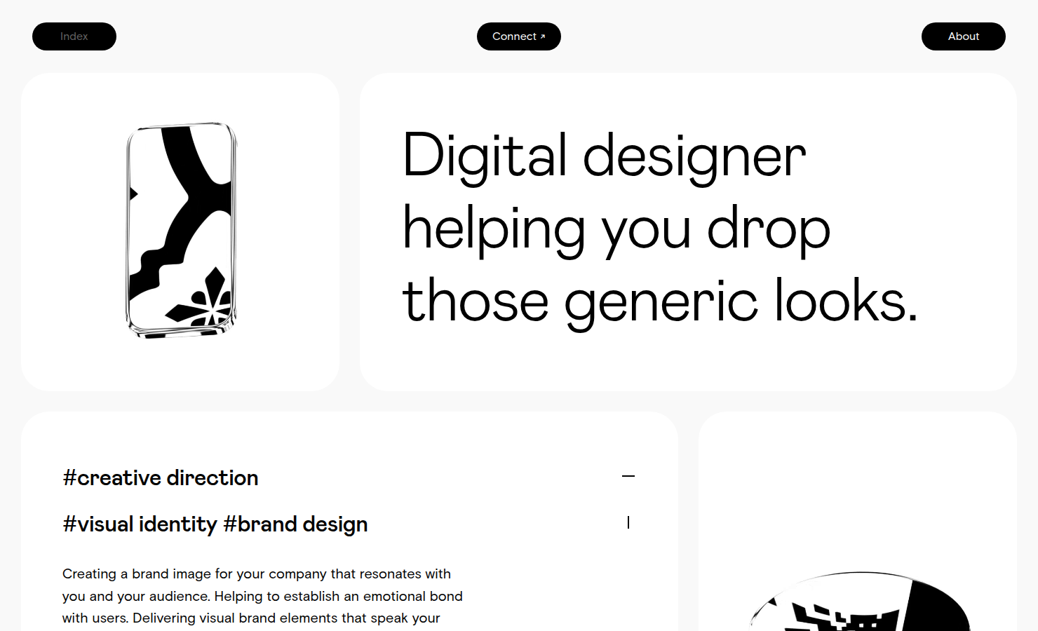 Striking black-and-white layout of Volodymyr Gruev's digital design portfolio. Screenshot of Volodymyr Gruev's fast-loading static website, featuring colorful project images and smooth text effects.