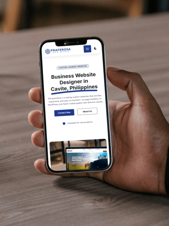 Phone mockup website showcasing the homepage of Praferosa Web Works