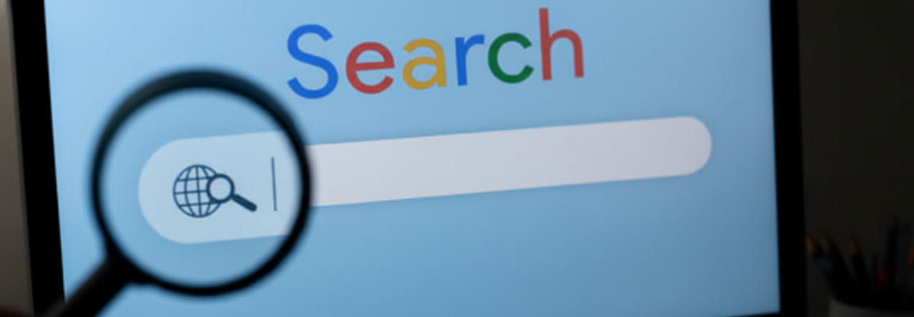 Searching for information online, with a magnifying glass held up to a dimmed monitor displaying a search page